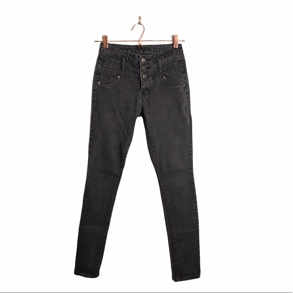 Reign | Black High Rise Triple Button Skinny Jeans •